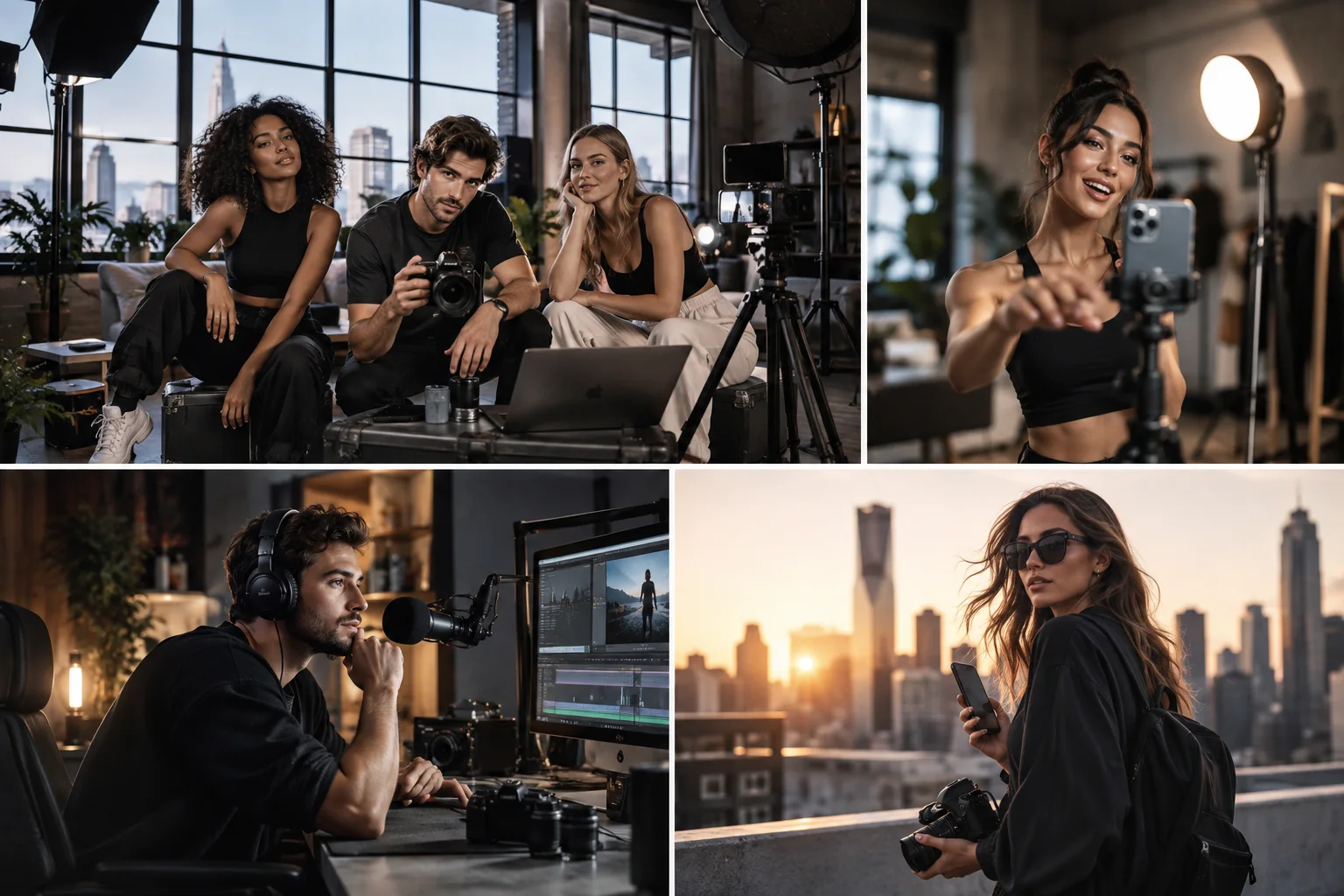 A cinematic collage of creators filming, editing and working on social content