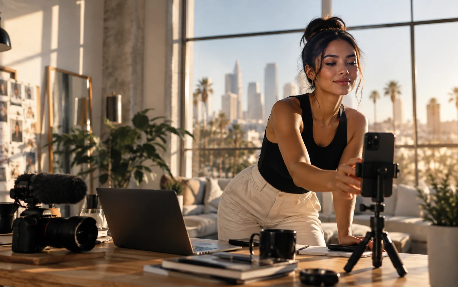 Content creator preparing a video in a sunlit studio
