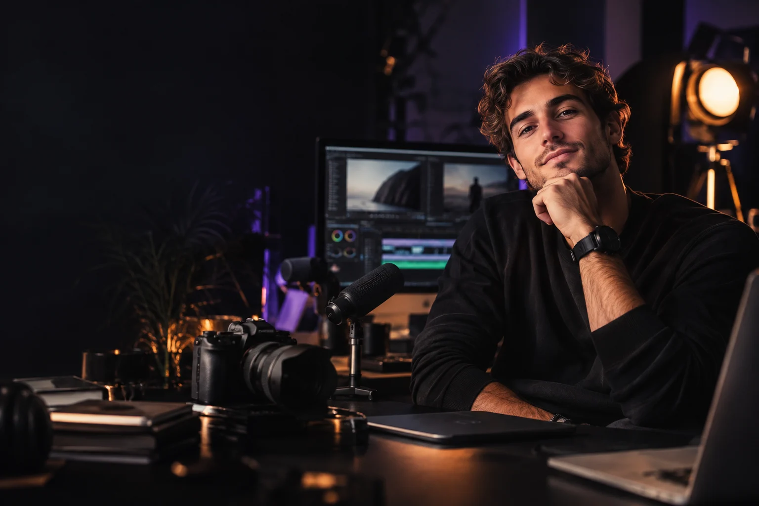 Creator working in a cinematic editing studio